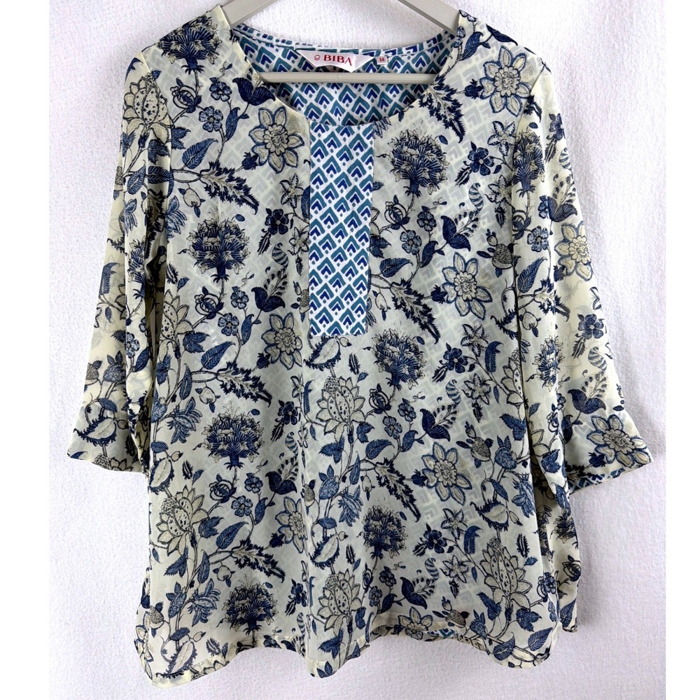 Biba Womens Blue Cream Floral Block Print Tunic Top V-Neck 3/4 Sleeve Sz 34